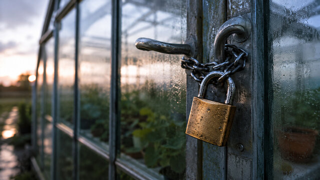 Heavy brass padlock and chain securing a greenhouse glass door at sunset. Concept of lock, security, locked door, brass lock, protection, safety, secure. Copy space.