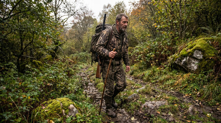 Fototapeta premium Hunter walking in wild forest with rifle and camouflage gear during autumn season. Concept of hunting, camouflage jacket, hunting rifle, forest path, adult man, outdoor adventure.