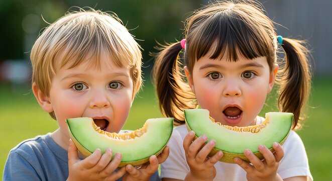Little children tasting honeydew melon for the first time, surprised joyful expressions