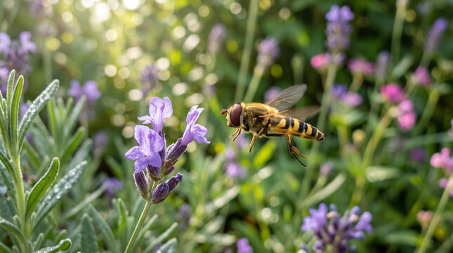 Hoverfly Flying Near Purple Lavender Flowers in Summer Garden Sunlight Close Up. Concept of small, insect, pollination. Copy space.