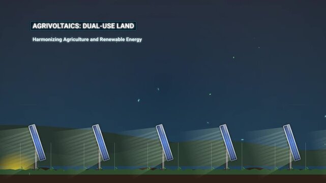 Educational animation explaining agrivoltaics and dual use land harmonizing agriculture with renewable energy using translucent photovoltaic modules and sun tracking