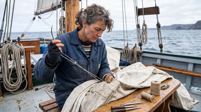 Mature female sailmaker sewing canvas sail with needle on wooden deck of vintage sailboat. Concept of sail repair, sailor woman, traditional craft, manual labor, repair work, maritime industry.