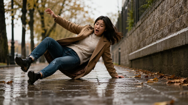 Asian Woman Slipping and Falling on Wet City Sidewalk During Rainy Autumn Day. Concept of slippery, slip and fall, slippery ground, falling down, accident, street accident, wet pavement. Copy space.