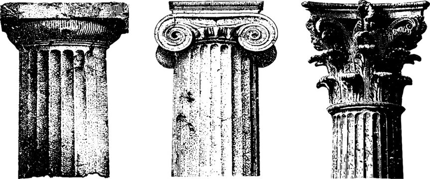 Set of three black and white classical column illustrations featuring doric ionic and corinthian capitals for architectural design background and historical poster
