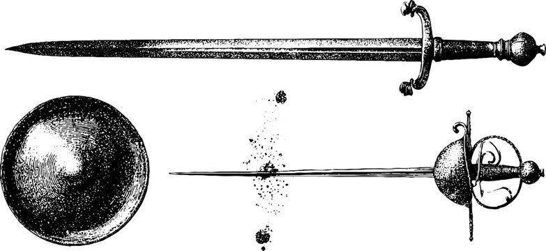 Black and white engraved illustrations of a medieval sword rapier and round shield isolated for vintage design elements background and heraldic reference