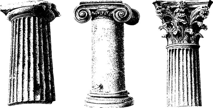 Set of three black and white classical column illustrations featuring doric ionic and corinthian capitals for architectural design background and historical poster