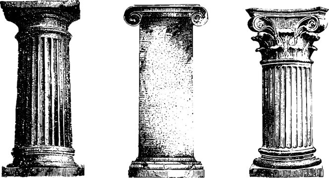 Black and white engraved classical column illustrations showing doric ionic and corinthian orders isolated for architectural design reference and decorative elements
