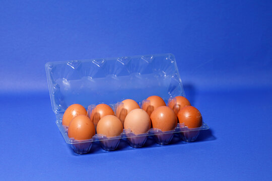 Fresh brown eggs rest inside a clear plastic carton, set against a vibrant blue background in a high quality food shot