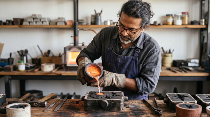 Fototapeta premium Artisan craftsman pouring molten metal into mold in traditional foundry workshop. Concept of melt, metal casting, casting mold, blacksmith, metalwork.