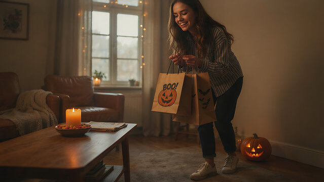 Happy woman leaning forward holding paper Halloween gift bags featuring pumpkin graphics in warm candlelit living room, created with generative ai.
