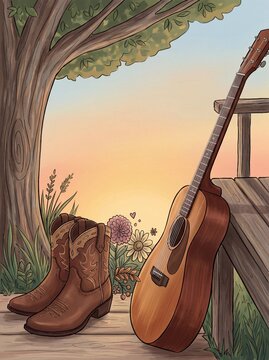 Rustic Sunset Guitar Illustration with Cowboy Boots and Wildflowers