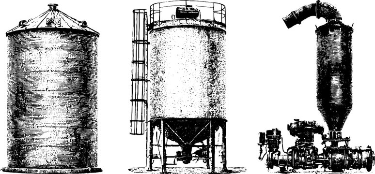 Set of three isolated black and white grain silo and agricultural machinery engravings for industrial background packaging label and poster design