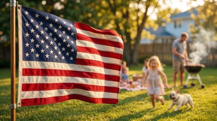 Plakat American flag waving in the foreground with a happy family having a backyard barbecue in the blurred background.