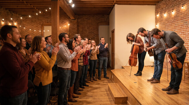 Audience Applauding Musicians Bowing on Stage After Live Acoustic Music Concert Performance. Concept of ovation, applause, musical band, standing ovation. Copy space.