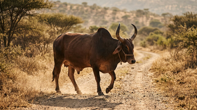 Brown zebu ox walking along dirt road in African savannah landscape during sunny day. Concept of calm, bull, cattle, horned bull, africa, countryside. Copy space.