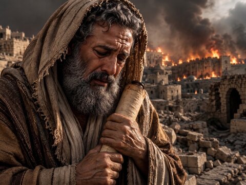 Biblical prophet Jeremiah holding a scroll and weeping in deep sorrow over the burning ruins of the ancient city of Jerusalem