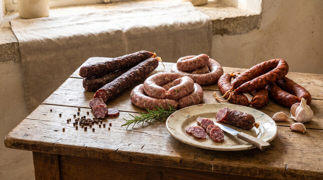 Assorted rustic cured sausages salami and spices on a vintage wooden table. Concept of cured meat, rustic food, smoked sausage, charcuterie, deli meat, pork, uncooked sausage. Copy space.