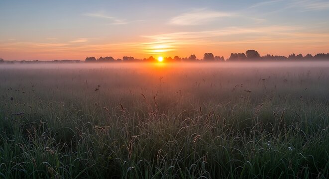 Sunrise over a misty green grass meadow during early morning light with outdoors