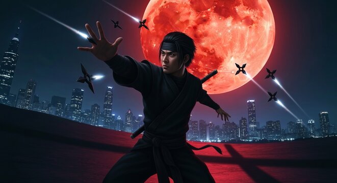 Ninja throwing shuriken into the night, oversized red moon illuminating the scene