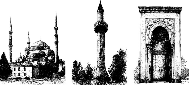 Three vintage black and white mosque architectural illustrations featuring minaret arch and domed skyline for background or print design