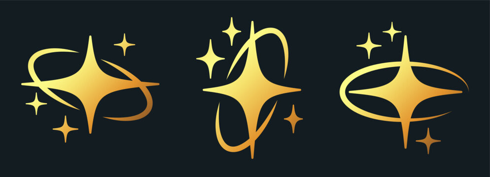 Stars with oval frames. Shiny Y2K gold shimmering ellipse shapes with twinkles and stars flat vector illustration set. Retro y2k sparks collection