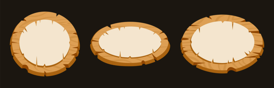 Cartoon wooden sign boards. Oval wood boards with old papyrus paper cards, blank wooden frames flat vector illustration set. Hanging wooden signs on white