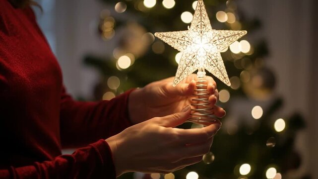 A seamless pattern hands holding a glowing christmas tree star topper