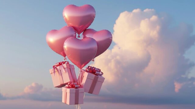 A seamless pattern pink heart balloons and gift boxes