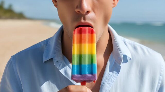 Close up portrait of a young man enjoying a delicious colorful rainbow flavored ice pop while spending his relaxing summer vacation at the sunny beach