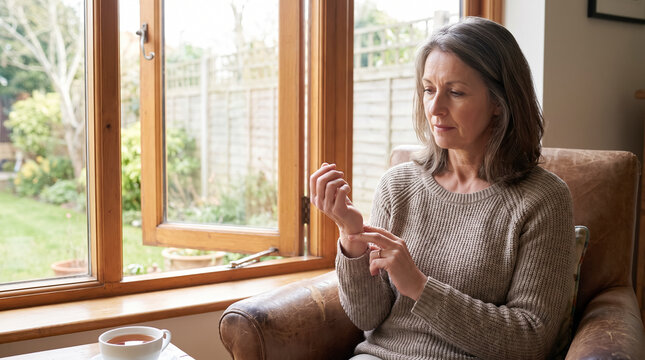Mature Woman Measuring Her Resting Pulse Rate at Home Near Open Window. Concept of fingers, seated, checking pulse, heart rate. Copy space.