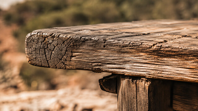 Rustic wooden table top product display surface close up outdoor background. Concept of rustic wood, wood texture, empty table, weathered wood. Copy space.