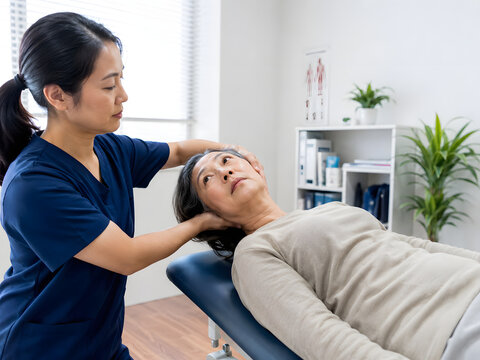 Vestibular therapist performing Dix Hallpike positional test on older Asian woman in balance clinic