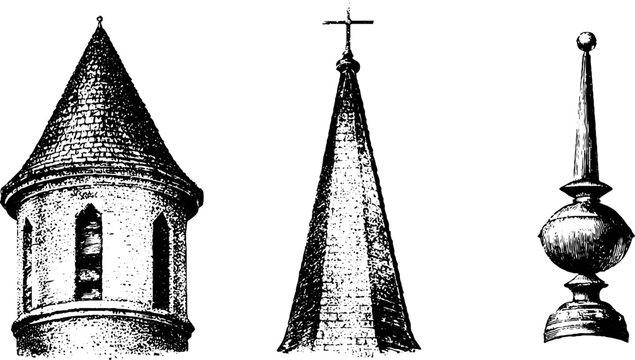 Three isolated black and white turret and spire architectural illustrations for historic building design background and emblem use