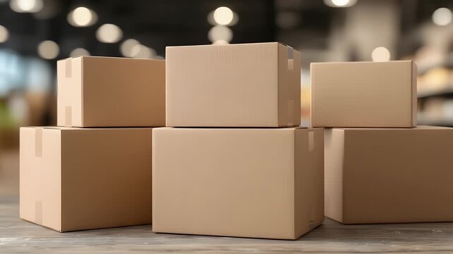 Several brown cardboard shipping boxes are neatly stacked on a wooden floor inside a large warehouse for logistics and organized storage for modern global commerce operations