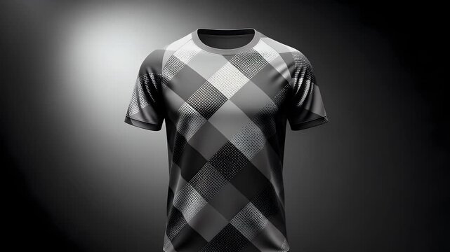 A stylish modern athletic shirt featuring a sophisticated monochrome checkered pattern presented on a clean display isolated against a soft dark studio gradient background for design