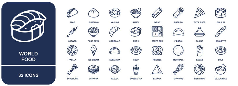 Food icon sheet featuring 32 linear outline of international dishes, snacks, and culinary specialties