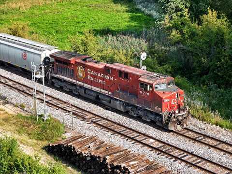 Savanna, Illinois August 19, 2026 Canadian Pacific 9710 AC4400CW lead locomotive in CP Kansas City freight service pulling freight