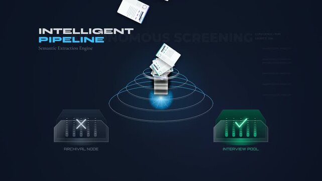 3D animation of an intelligent recruitment pipeline using AI and a semantic extraction engine for autonomous screening to sort candidate resumes into an interview pool or archival node