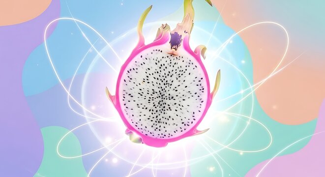 Fresh sliced dragon fruit against pastel background with magical glowing light effects tropical colorful