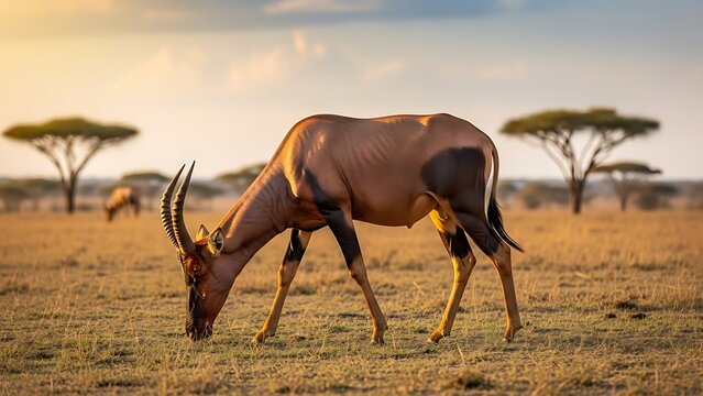 A Topi antelope with striking markings and curved horns stoops to graze on dry grass in the vast African savanna at sunrise.