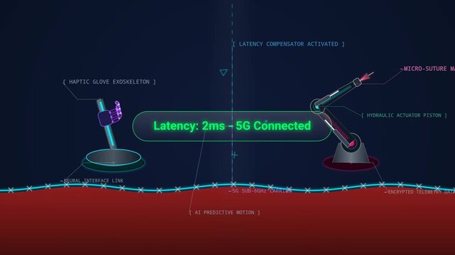 Telesurgery animation showing a haptic glove exoskeleton remotely controlling a micro-suture robotic arm over a 5G network with ultra low latency and neural interface link
