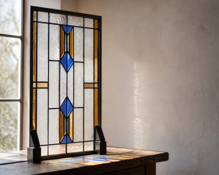 Stained glass restoration restored geometric panel in side light editorial object study standing upright rigid conservation medium
