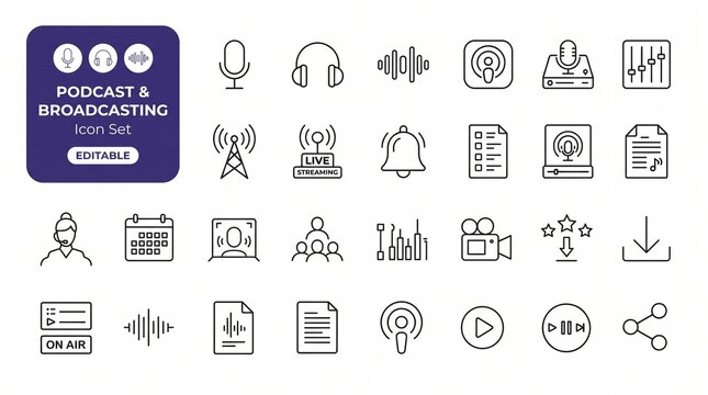 Podcast and Broadcasting Icon Set with Recording Tools, Live Streaming Equipment, and Audio Production Symbols
