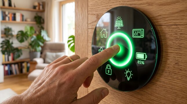 Finger activates a glowing smart thermostat interface on a wooden wall in a cozy room.