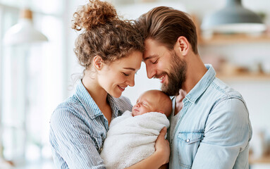 Fototapeta premium Young parents cuddling their newborn baby in a bright modern kitchen, mother and father sharing a tender family moment with their infant,