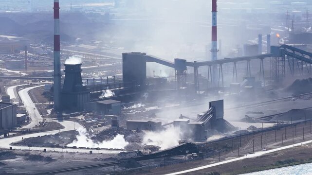 Aerial drone view of a heavy metallurgical plant producing steel. Industrial facility with manufacturing buildings and infrastructure.