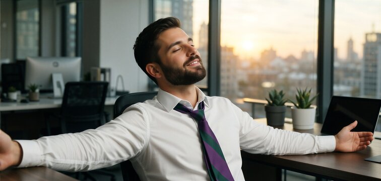 Man relaxes at modern office desk during sunset, embodying work-life balance and mental health.