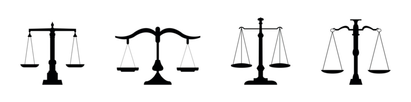 Collection of four different balance scale icons representing justice and measurement