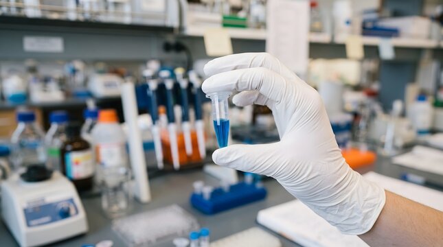 Scientist holding a test tube with blue liquid in a chemistry laboratory gloved hand medical research laboratory work laboratory