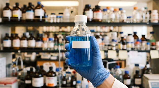 Gloved hand holding a glass bottle filled with blue chemical liquid in a lab laboratory work laboratory scientist chemistry research